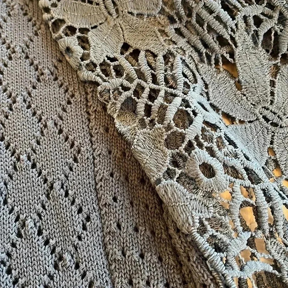 Knit Lacy Crochet Cable Sweater Womens Large Long Sleeves Blue Cottage Core Boho - Picture 16 of 16